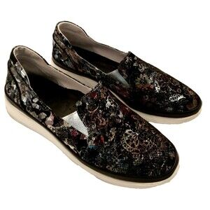 SPRING STEP Roxy Leather Slip-on Shoe Perforated Black Floral Metallic - 8M